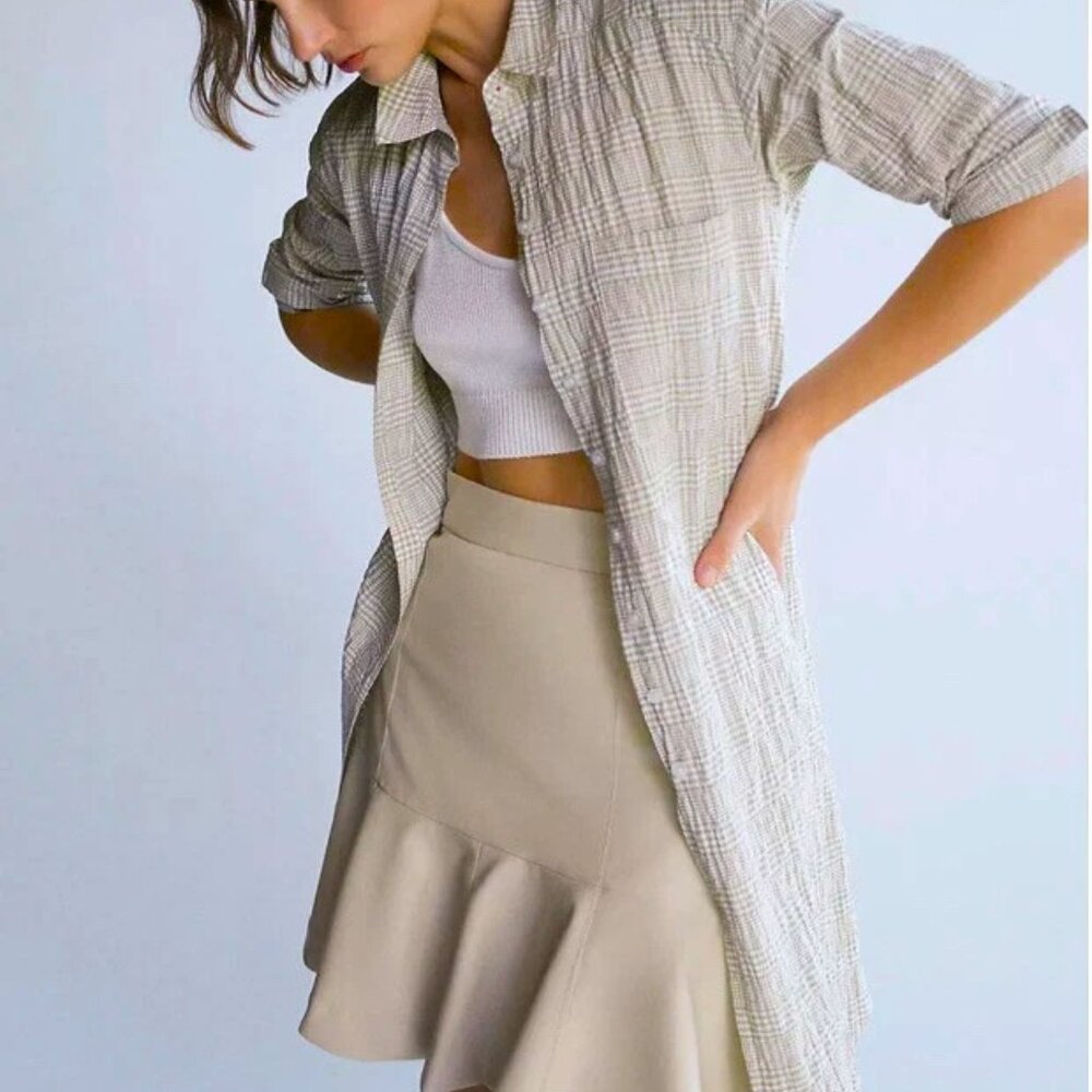 Maeve by Anthropologie Maxi Tunic Top Size S Tan White Plaid Button Down